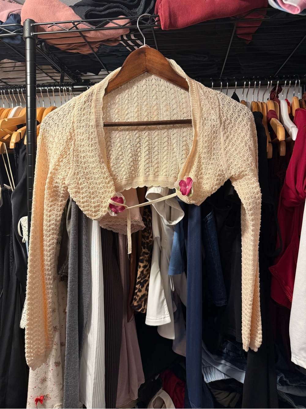Cropped Cream Knit Bolero Shrug with Floral Tie Detail